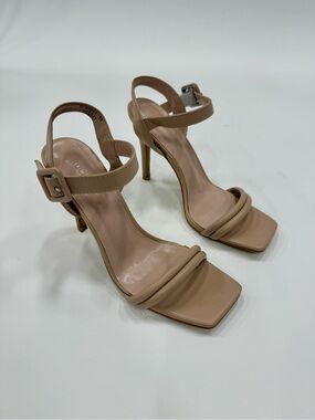 Beige Strappy Square-Toe Stiletto Sandals with Ankle Buckle